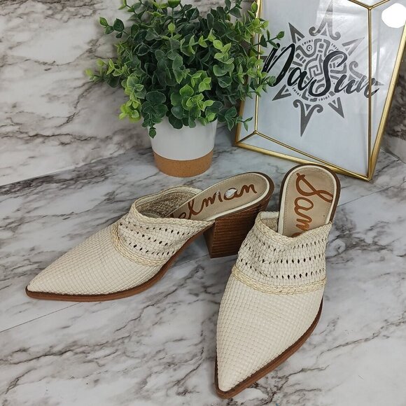 SAM EDELMAN Lillianna Slip-On Leather Heel Mules Ivory Pointed Toe women's sz.8 - Picture 1 of 11